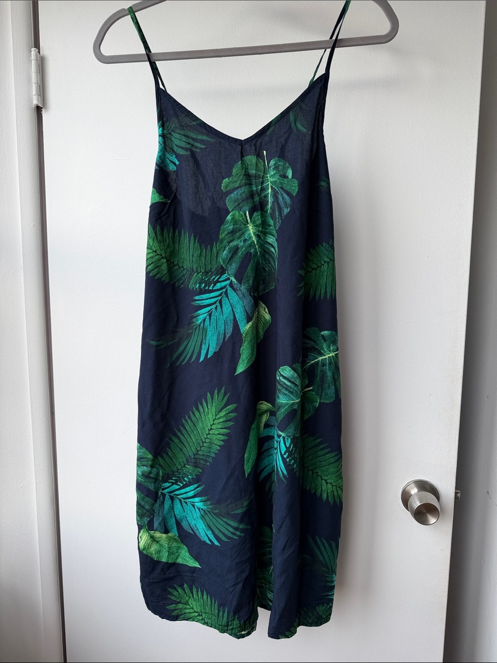 Navy Slip Dress with Tropical Green Leaf Print
